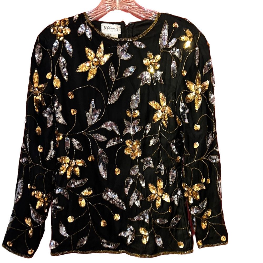 Vintage Stenay Black and Gold Floral Embellished Formal Blouse Petite Small